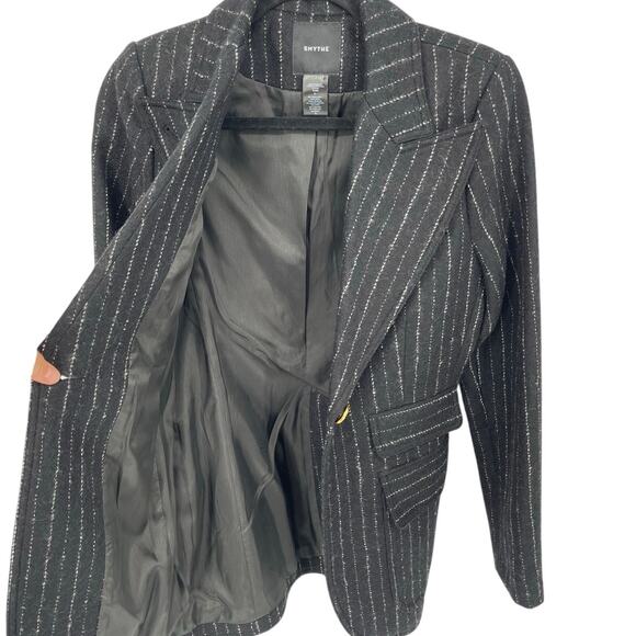 Smythe Birkin Pinstripe Virgin Wool Fitted Cutaway Blazer Jacket In Black size 6 - Picture 3 of 11